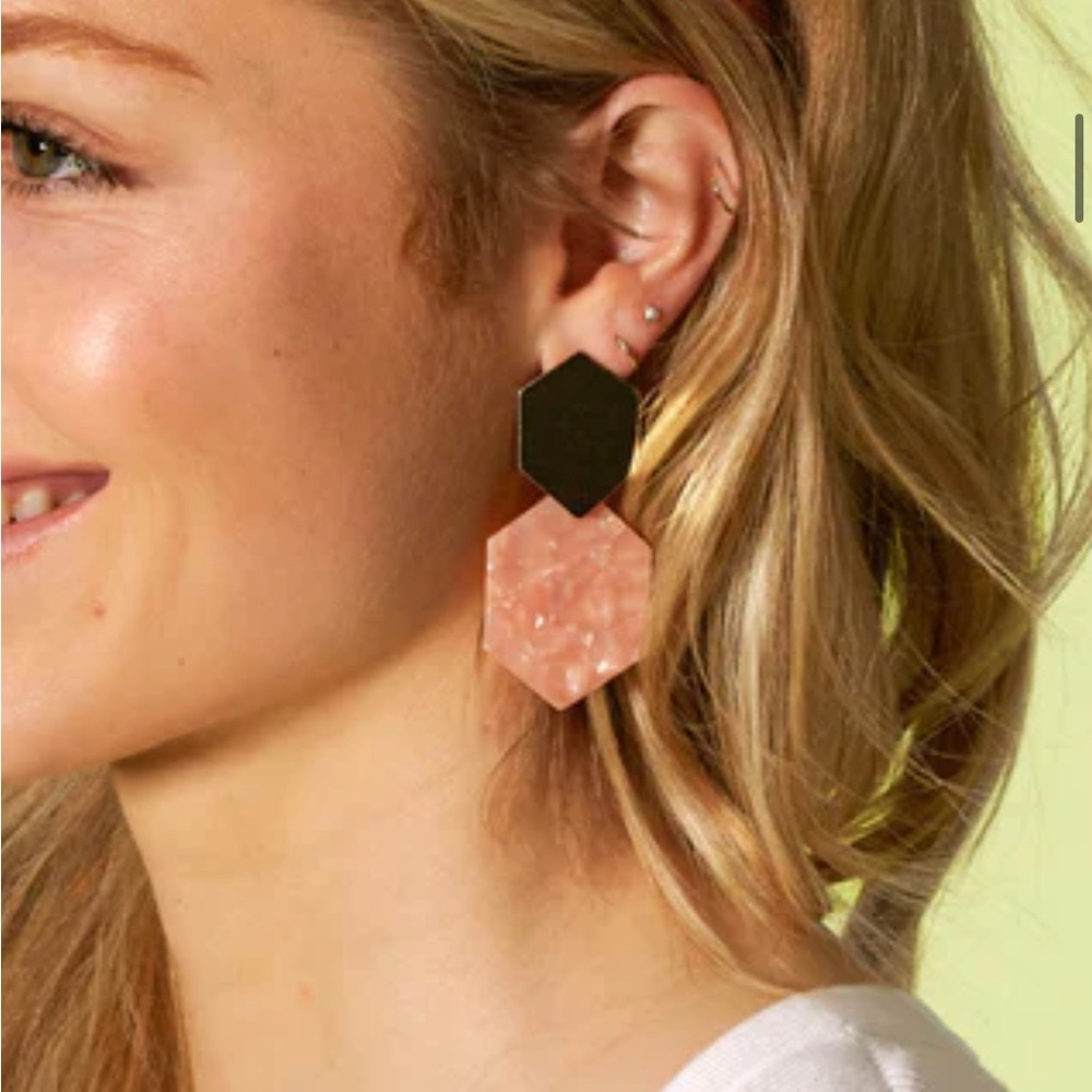 Hexagon Gold & Pink Fashion Earrings